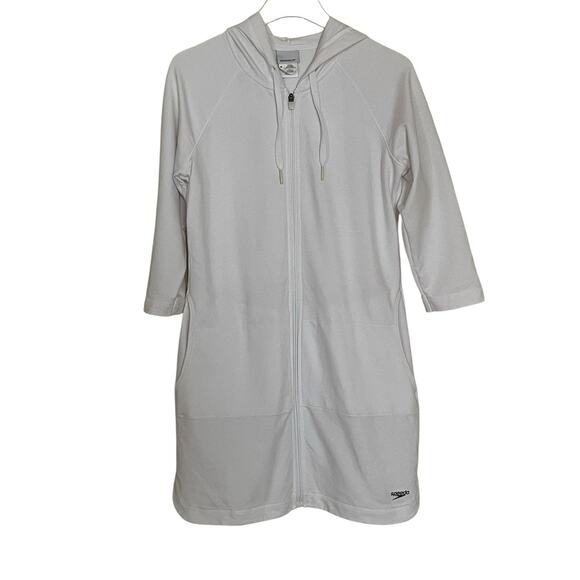 Speedo Swim Cover Up Hoodie Zip Front Dress White 3/4 Sleeve Medium Beach Pool M - Picture 1 of 7